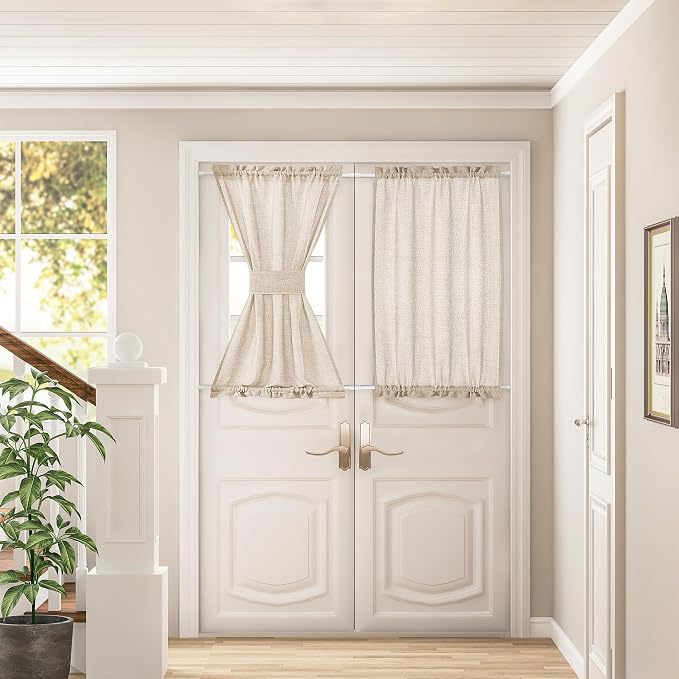 Linen Beige Semi Sheer Curtain 2 Panels Dual Rod Pocket with Tieback | for Kitchen Bathroom, French Glass Door Curtains, 40 Inches Long, Privacy Light Filtering Drapes, W25xL40, Boho Farmhouse