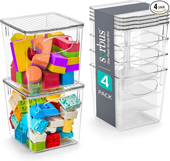 Sorbus Clear Toy Storage Bins with Lids, Stackable (Small, 4 Pack) | Lidded organization keeps food, household items and art supplies contained in closets, bathrooms and home spaces.