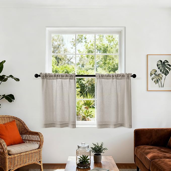 24 Inch Long Bathroom Small Curtains 2 Panels Dual Rod Pocket Linen | Boho Rustic, Semi Sheer Light Filtering Drapes, for Bathroom Kitchen, Half Window RV Curtain, 34x24 Inch, Dark Taupe