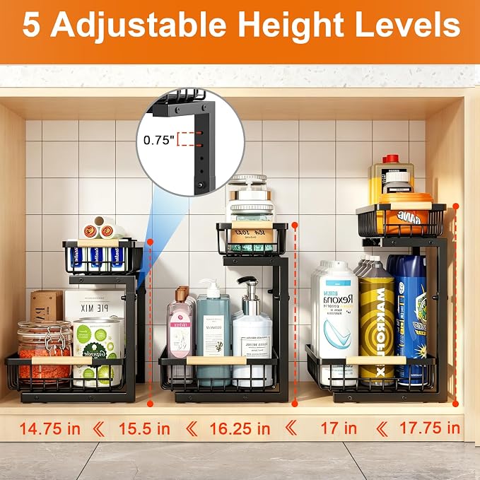 REALINN Under Sink Organizer, Adjustable 2 Tier Pull Out Kitchen Bathroom | cabinet organizer, 5 level adjustable, quiet sliding rails, dual suction and nano tape, no drill, rust resistant holds 50 lbs