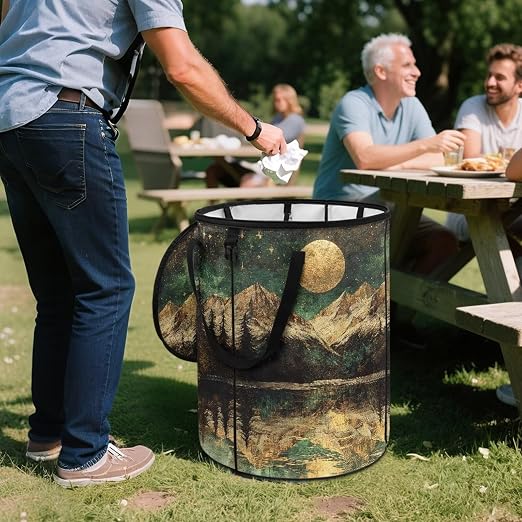 Landscape Moon Collapsible Trash Can with Lid Waterproof Bedroom Trash Can Decorative Portable Outdoor Waste Bin for Camping, Yard Waste, Picnic