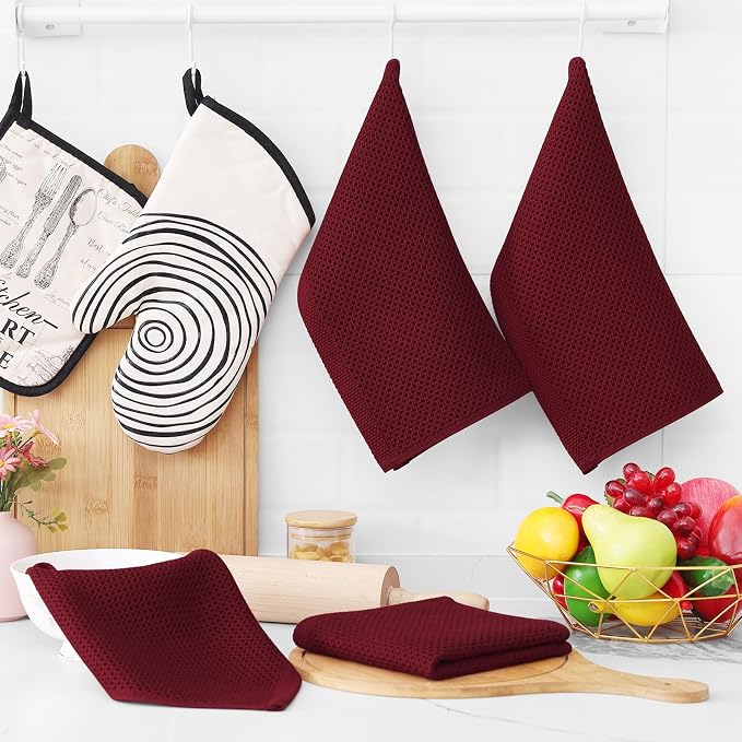 Homaxy 100% Cotton Waffle Weave Kitchen Dish Cloths 8-Pack, Burgundy | 12 x 12 Inches, Ultra Soft Absorbent Dish Towels, Quick Drying Dish Rags with Hanging Loop