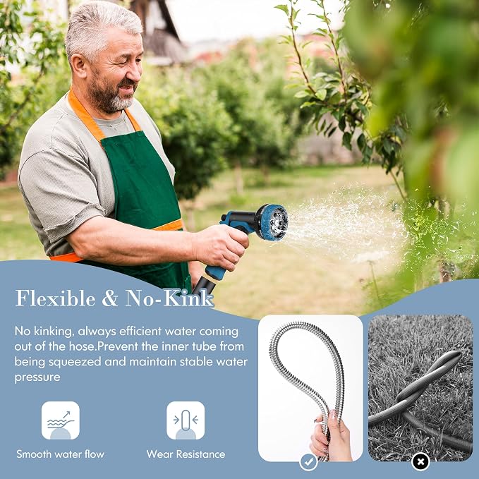 Metal Garden Hose 50FT with 10-Function Nozzle, No-Kink Water Hose | Metal Hoses with Leak-proof Connectors, Lightweight, Puncture-proof, Pet-proof, Sturdy, 550PSI, Hose for Outdoor, Yard
