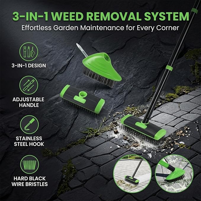 SakerPlus 3-in-1 Versatile Weed Brush Combo Set with Long Handle (1pack) | Crack Weeder Brush, Wire Floor Scrubber, Triangular Brush, Scraper, Steel Wire Bristles for Patio, Driveway, Deck