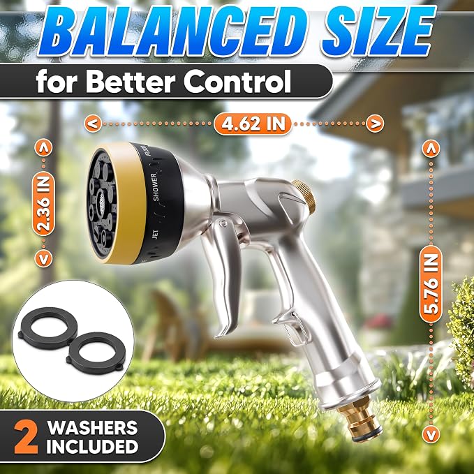 Metal Garden Hose Nozzle High Pressure, 8 Spray Patterns, Lock Clip | Heavy Duty Hose Nozzle for Garden Watering, Car Washing, Patio Cleaning, Leak Proof Gasket and Hands-Free Spraying