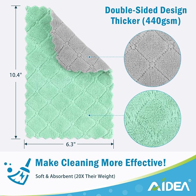 AIDEA Kitchen Dishcloths, 12 PK Absorbent Dish Towels Coral Fleece 6"x10.4" | Reusable Microfiber Cleaning Cloth No Odor No Pilling, Fast Drying Kitchen Towels, Multi Purpose Dish Rags for Washing Dishes