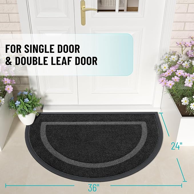 OLANLY Half Circle Front Door Mat Outside 35x23 All-Season Rubber Doormat | Black, Absorbent, Heavy-Duty, Stain and Fade Resistant, Waterproof Non-Slip Backing, Low-Profile Indoor Outdoor Entryway Mat
