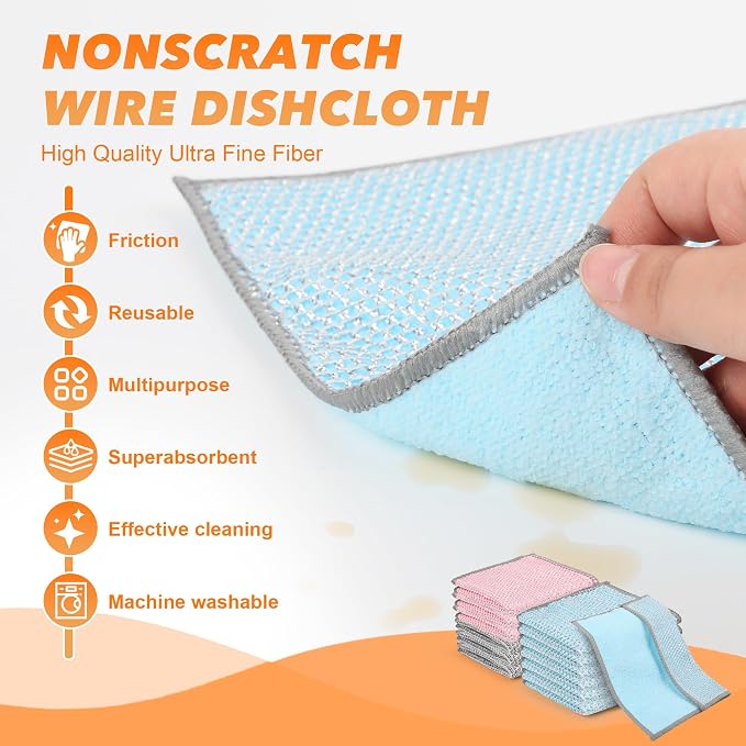 12Pack Multipurpose Wire Dishwashing Rags, Upgrade Non Scratch Wire Dishcloth, for Wet and Dry Use, Reusable Metal Scrubbing Microfiber Clean Cloths for Home/Kitchen/Stove(Blue)