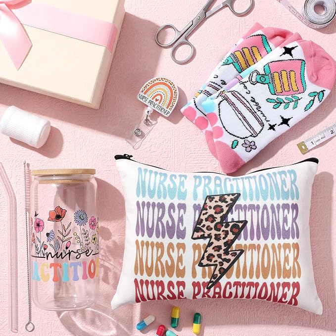Skylety 5 Pcs Nurse Practitioner Week Gifts for Women Nurse Practitioner Appreciation Gift Glass Cup Sock Cosmetic Bag Badge Holder Thank You NP Gift Box for Nursing Students Graduation Birthday Gifts