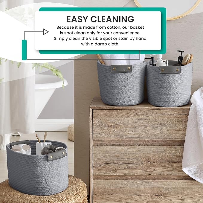 3 Pack Woven Cotton Rope Storage Basket, 15x10x9, Gray | Faux Leather Handles; Decorative Closet Shelf Organizer; Ideal for Storage & Organization