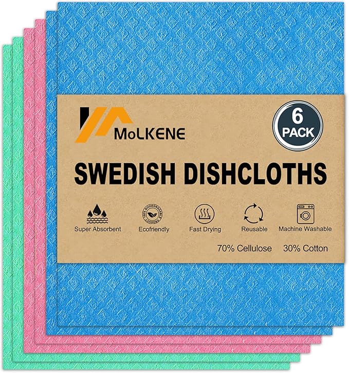 MoLKENE Swedish Dishcloths for Kitchen, 6 Pack Cellulose Sponge Cloths | Non-Scratch Reusable Paper Towels Washable, Absorbent Quick-Drying Cleaning Cloths Dish Rags, 7.7” x 6.9”, Assorted Colors