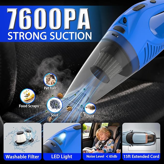 THINKWORK Car Cleaning Kit with Vacuum,Deep Cleaning for Interior Detailing | 7600PA High Power Corded Handheld Vacuum,Windshield Cleaner Tool,Detailing Brush Set,Storage Bag,17Pcs Blue Car Accessories