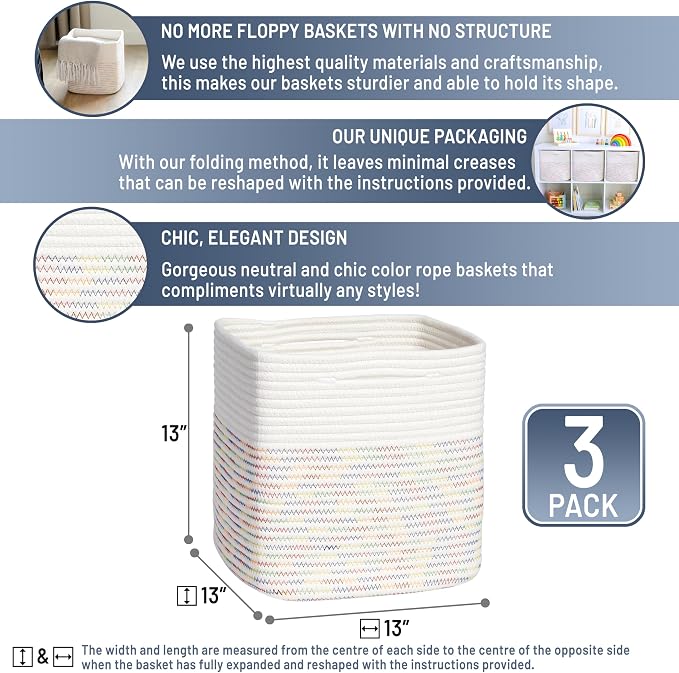 NaturalCozy 13 Inch Cube Storage Bins Cotton Rope Woven Baskets for Organizing 3-Pack | 13 x 13 Storage Cubes | Fabric Square Storage Baskets for Shelves Organizer, Kids Toy Bins, Closet Baby Nursery