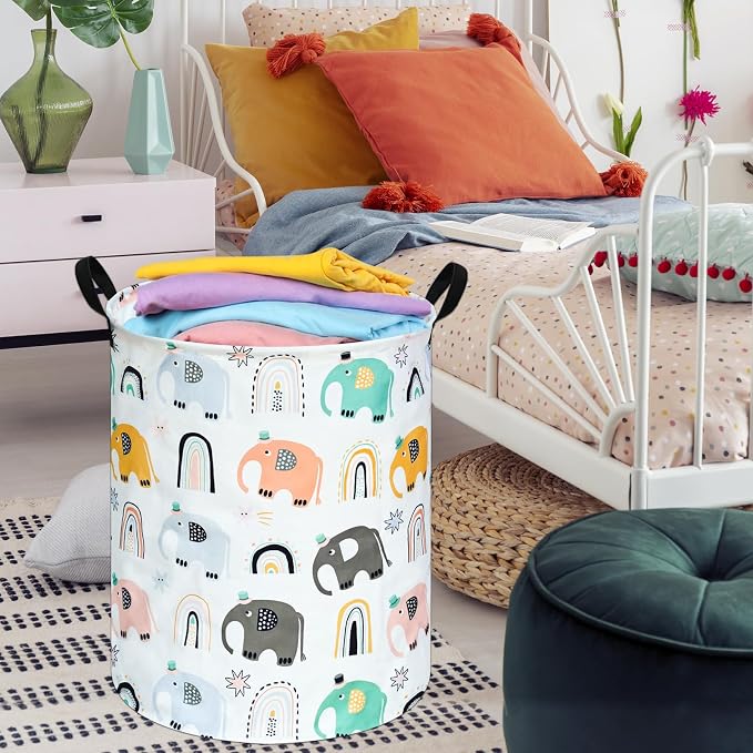 Round Rainbow elephant Pattern Laundry Hamper Clothes Storage Basket Fabric Storage Hamper Organization Storage Bin, Nursery Box,Gift Basket with Handles
