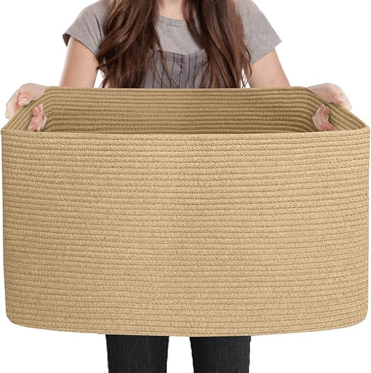 MEGASKET Large Jute Rectangle Rope Basket, 23.6" x 17" x 12" Blanket Storage for Living Room, Pool Towel Basket, Woven Baby Floor Laundry Hamper for Clothes, Toy Storage Bin, Bathroom Towel Storage