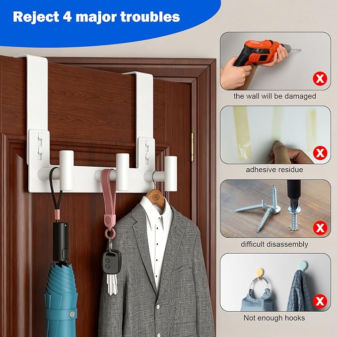 PMMASTO Door Hanger for 1-3/4 Inch Doors, White- 3 Hooks, T Shape | Stainless Steel Door Hooks Organize Coats Towels Robes in Bathrooms Bedrooms Closets