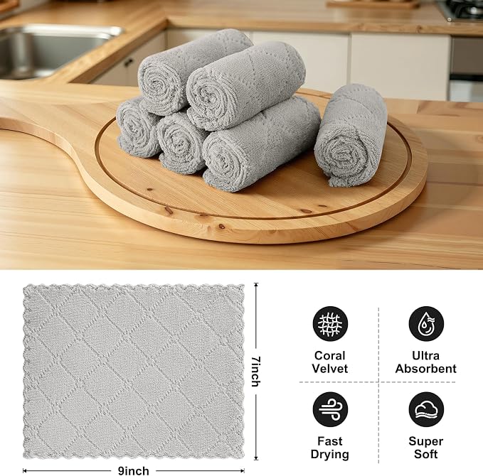 Homaxy Super Soft 12 Pack Coral Velvet Dish Cloths, 7" x 9", Grey | Ultra-Absorbent Dishcloths, No Lint, Nonstick Oil, Fast Drying, Microfiber Cleaning Cloth