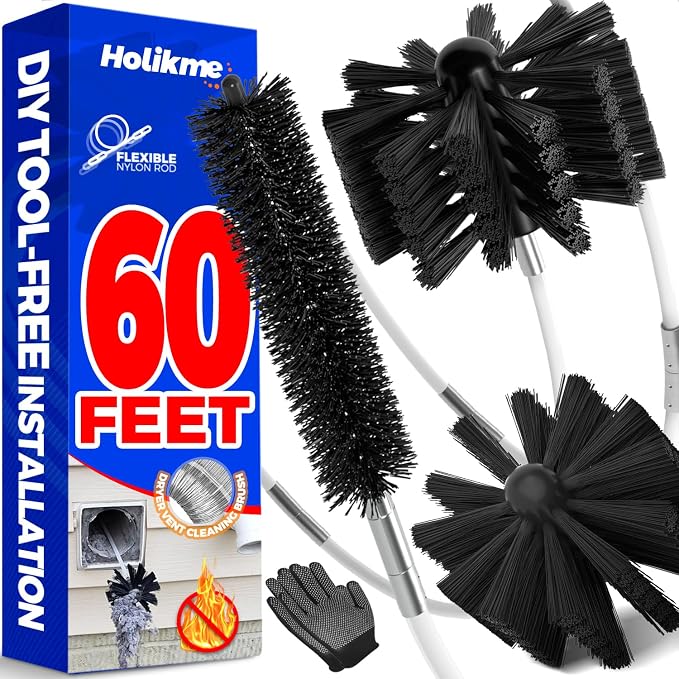 Holikme 60Ft Dryer Vent Cleaner Kit - Flexible Lint Brush for Deep Cleaning | Flexible Nylon Rods, Synthetic Brush Head, Drill Attachment, Deep Clean, Lint Removal, Easy DIY Assembly, Home Essential