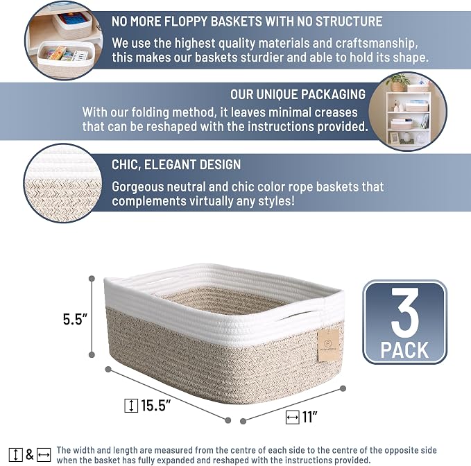 Woven Rope Baskets for Organizing, 3 Pack, 15.5 x 11 x 5.5" Storage Bins | Storage baskets and organizer bins for shelves, pantry, closet storage, toy organizer, bathroom storage, nursery, towels
