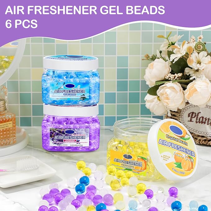 6 Pcs Air Freshener Gel Beads, Ocean, Lemon, Lavender | 8 oz Removing Gel for Home, Bathrooms, Cars, Boats, RVs, Pet Areas, Room, Toilet