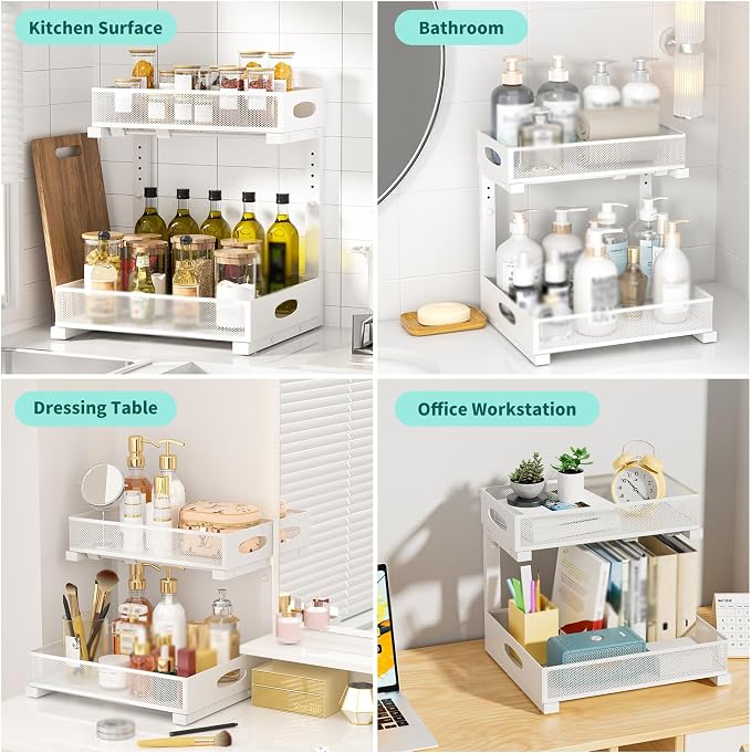 Under Sink Organizer, Extra-Wide Upgrade, 1 Pack 2 Tier Metal Slide Out Cabinet Organizer, Height Adjustable Organization and Storage Series, Bathroom/Cabinet/Kitchen organization, White