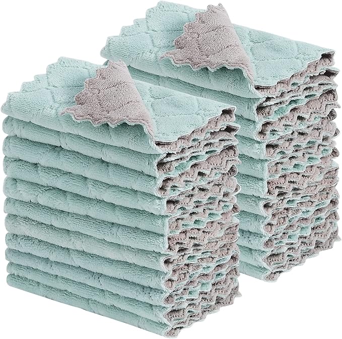 GADIEDIE 20Pcs Kitchen Cloth,Dish Towels,Super Absorbent Coral Fleece Dishtowels,Premium Dishcloths,Nonstick Oil Washable Fast Drying Dish Rags,for Clean Table Dish Glass Pet Paws (Green Gray)