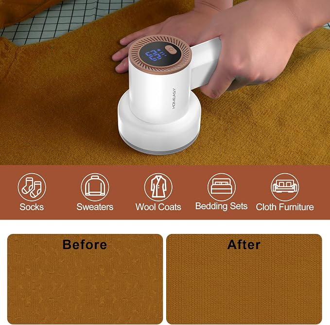 HOMEASY Fabric Shaver, Rechargeable Lint Remover for Clothes White | Electric sweater shaver and depiller with 70mm head, 6-leaf blades, LED battery display and Type-C charging for Furniture