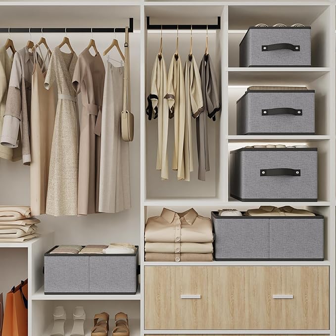 Storage Baskets with Handles,16.1×9.8×6.5In,Gray Boxes,4Pack | Storage Bins for Shelves,Foldable Clothing Drawer Organizer,Closet Containers for Home,Office,Large Fabric Cubes