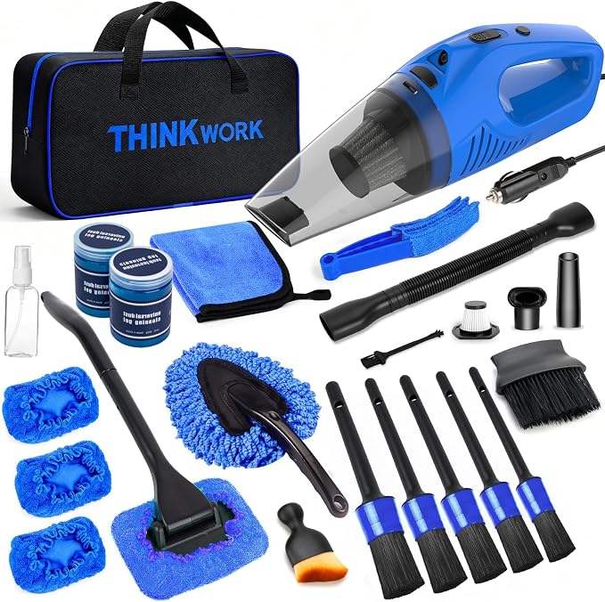 THINKWORK Car Cleaning Kit with Vacuum,Deep Cleaning for Interior Detailing | 7600PA High Power Corded Handheld Vacuum,Windshield Cleaner Tool,Detailing Brush Set,Storage Bag,17Pcs Blue Car Accessories