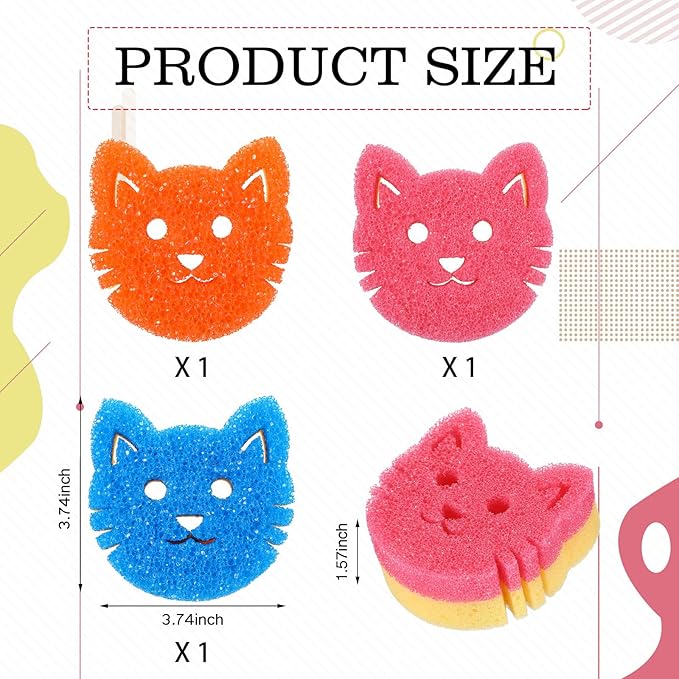 FillTouch Cat 3 Pcs Scrub Sponge, Pink, Orange, Royal Blue | Soft Non-scratch Cat Sponge, Dual Sided, Temperature Sensitive, Easy Clean, Multi Functional Sponge for Kitchen, Bathroom
