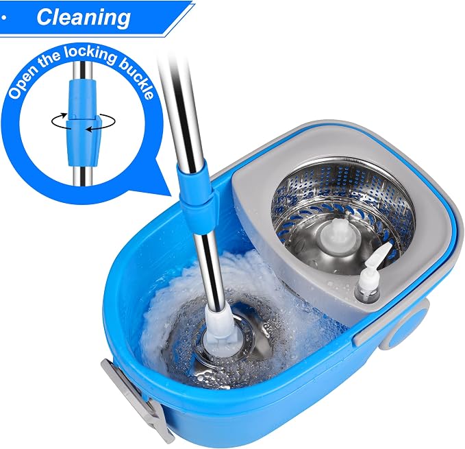 Spin Mop and Bucket with Wringer Set, 3 Mop Heads, 61" Adjustable Handle | 360° Spinning Mop Bucket System with 3 Microfiber Mop Heads & 61" Stainless Steel Adjustable Handle for Floor Cleaning