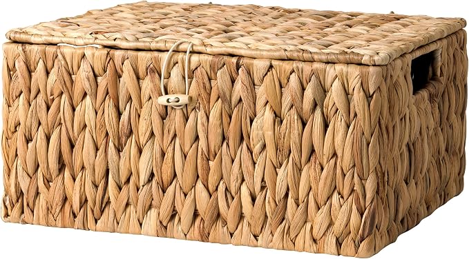 StorageWorks Wicker Basket with Lid, Storage Baskets with Lids, Hyacinth | Woven Baskets with Lids for Shelves, Wicker Storage Baskets with Lids, Lidded Baskets for Organizing, Large, 1 Pack