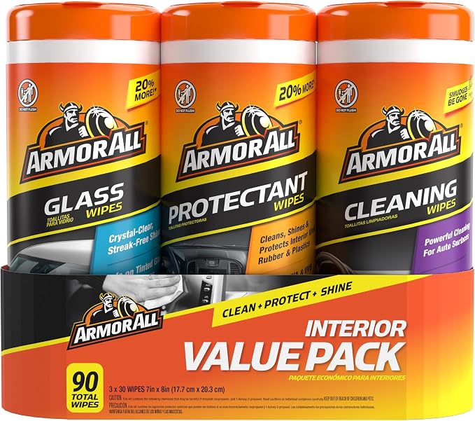 Armor All Protectant, Glass and Cleaning Wipes, Wipes for Car Interior and Car Exterior, 30 Count Each (Pack of 3) | Car cleaning wipes, glass wipes for screens, windows and mirrors, protectant for vinyl and plastic, 30 count each