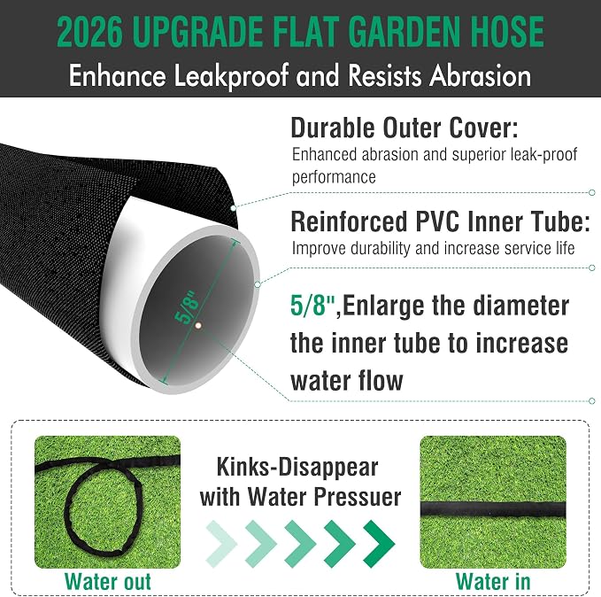 100FT Non-Expandable Flat Garden Hose with 10 Function Nozzle,No-Kink,Black | Lightweight Flat Water Pipe for Women & Seniors,Easy Storage Hose for RV, Patio, Small Backyard, Car Wash & Everyday Watering