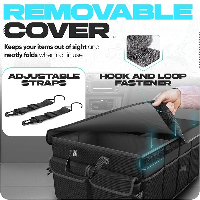 FORTEM Trunk Organizer - Foldable Car Organizer & Storage for SUVs & Trucks | Car Accessories for Men Women, Collapsible Bag, Non Slip Bottom, Straps, Soft Cover, 600D Oxford, Black, 3 Compartments, 50L