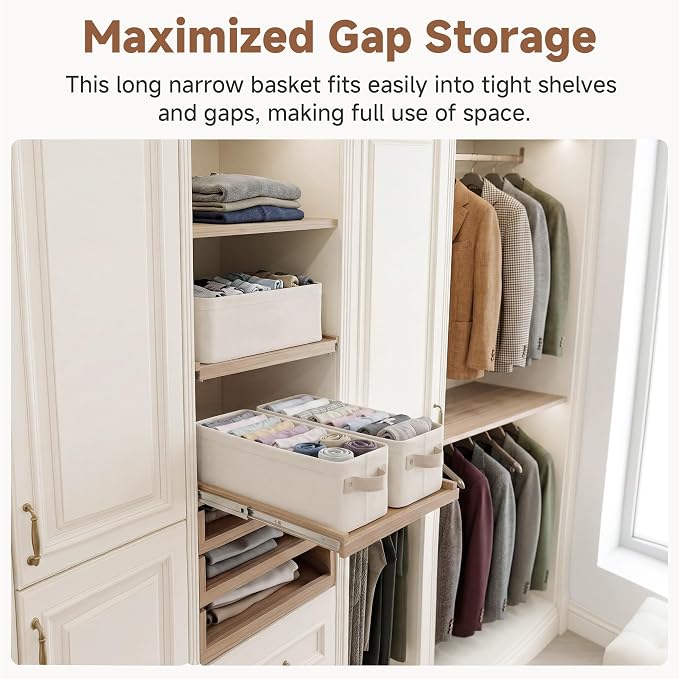 StorageWorks Narrow Storage Bins, Toilet Paper Storage, Beige, 2-Pack | Cottlyn Fabric, With Metal Frame, Sturdy Structure, Reinforced PU Handles, Small Baskets for Bathroom, Closet, Shelf