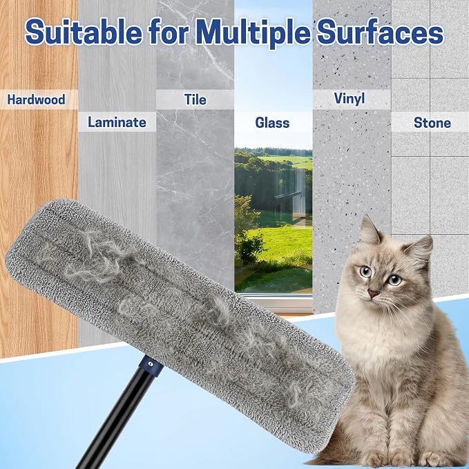 BUVE Microfiber Flat Mop for Hardwood Floors Cleaning | Wet Dry Use|360°Swivel Head|2 Washable Pads|Silicone Bumper Edge|59" Adjustable Handle for Vinyl,Laminate,Tile Floor Dust