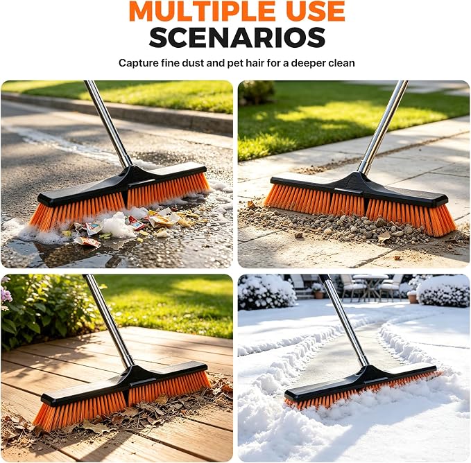 24" Push Broom, Heavy Duty Outdoor Commercial Broom for Cleaning, Orange | Industrial Broom with 55" Long Handle Stiff Bristles, Garden Brush Broom for Driveway Garage Yard Warehouse Floor Cleaning