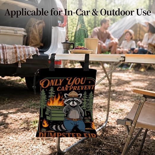 Dumpster Fire Humor Raccoon Car Garbage Bag Canvas Trash Can | Funny Forest Raccoon Drawstring Car Trash Bag Hanging for Back Seat with Adjustable Buckle