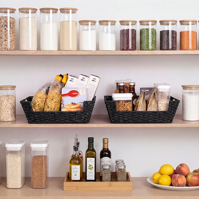 StorageWorks Pantry Baskets for Organizing, Large Storage Basket for Shelf | 2 Pack Wicker Baskets for Shelves, Snack Basket Organizer with Handles, Paper Rope Open Front Basket for Home Decor, Black