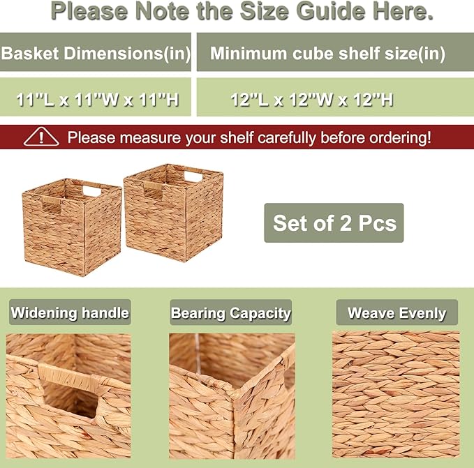 LYJWOO6D Water Hyacinth Storage Baskets 11x11x11 Inch Set of 2 | Handwoven Foldable Wicker Cubes with Sturdy Handles, Rustic Laundry Organizer for Bedroom Shelves, Kitchen, Bathroom