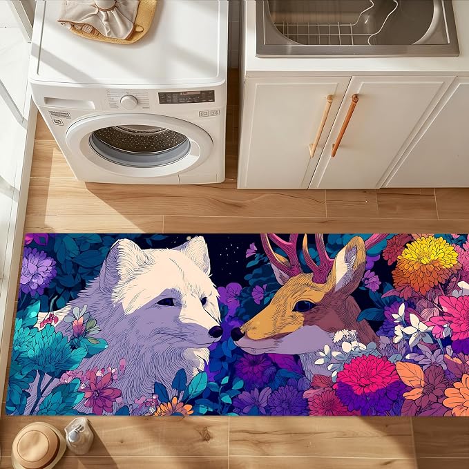 ANNA QUEEN Whimsical Forest Animal Laundry Room Rug Runner 20x47 Inch - Waterproof Non-Slip Floor Mat for Front Load Washer Dryer,Fox Deer Floral Room Decor,Machine Washable