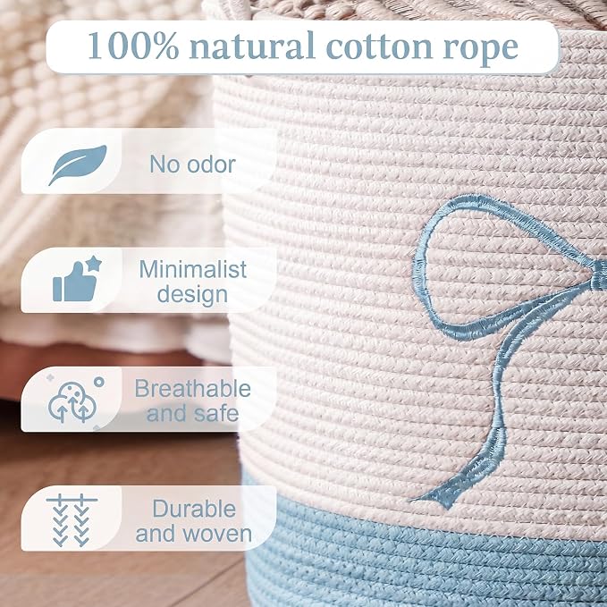 Honeydak Large Blue Laundry Basket Bow Hamper for Blanket Bow Laundry Basket 13 x 20 Inches Cotton Rope Hamper Blue Coquette Storage Toys Clothes Teens Girls Room Nursery Organization