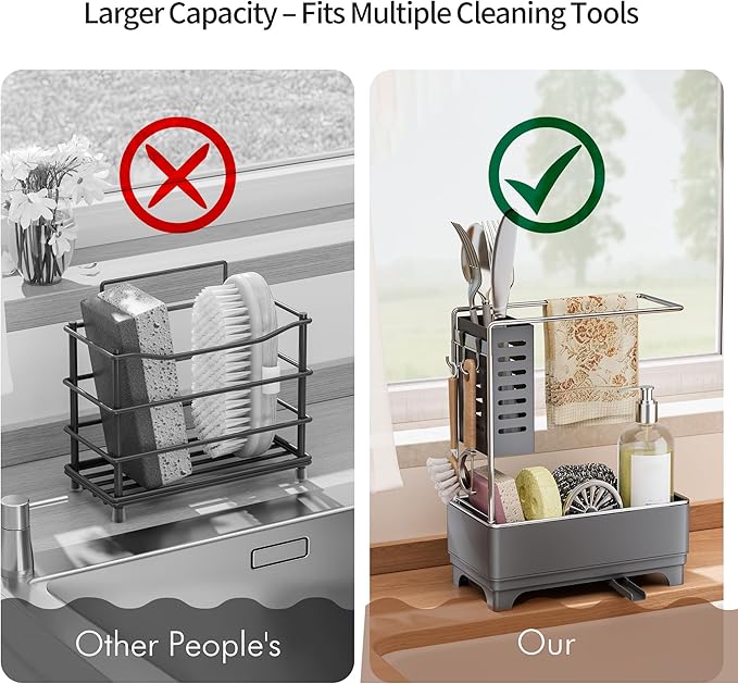 MOUKABAL 2-Tier Sponge Holder for Kitchen Sink, Sink Caddy Organizer Grey | Large Capacity/Rustproof Stainless Steel/360° Rotating Drain Keeps Counter Dry/Holds Sponge & Soap Bottle/Easy-Clean Tray