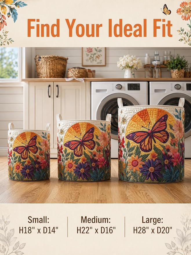 Quilted Laundry Basket with Handles, Boho Floral Quilted Storage Hamper, Large Capacity Laundry Hamper for Nursery Bedroom Laundry Room Home Decor (Pattern 05, Small (18"H x 14"W x 14"L))