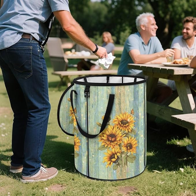 Vintage Sunflower Print 24 Gallon Large Capacity Collapsible Trash Can with Lid and Handles Camping Waster Bag Garden Leaf Bin Laundry Hamper Childrens Toy Bin