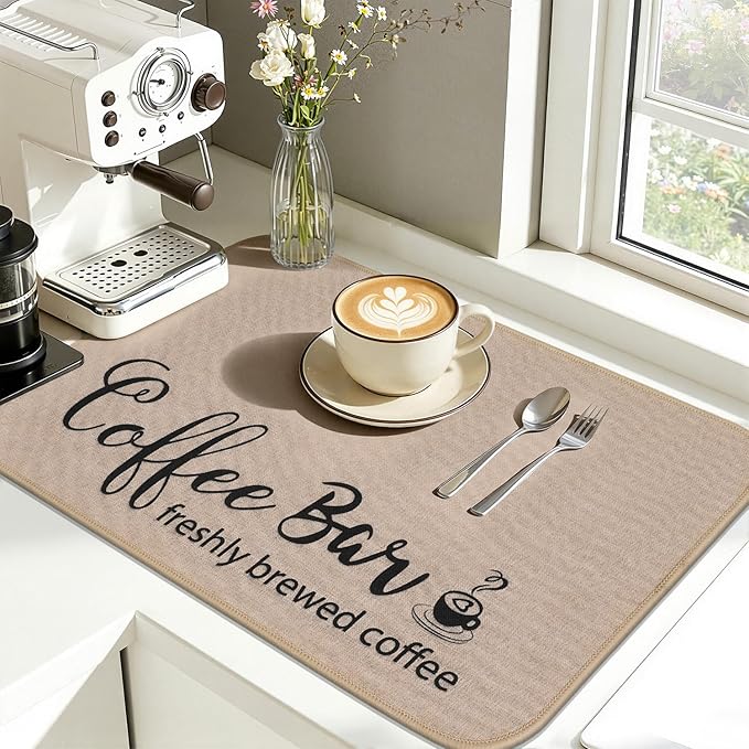 Findosom Dish Drying Mat, 18" x 24" Super Absorbent & Hide Stain Coffee Mat, Cuttable Drying Mat for Kitchen Counter, Coffee Bar Accessories, Under Dish Rack, Coffee Maker, Espresso Machine, Linen