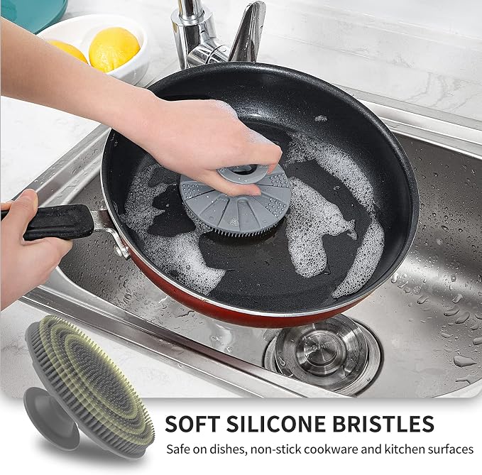 Silicone Dish Scrubber, Non-Scratch Scrub Spong for Washing Dish, Pot, Pan | Kitchen Silicone Sponge, Fruit & Vegetable Cleaning Brush, Reusable Dishwashing Scrubber, Suction Up Hang, 1 Pack, Gray
