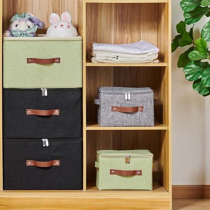 4PCS Storage Bins with Zipper Lids Decorative Lidded Basket Box | Clothes Container, Closet Shelf Organizer, Foldable Washable, Cotton Linen Fabric, w/ PU Leather Handles, Gray, Large