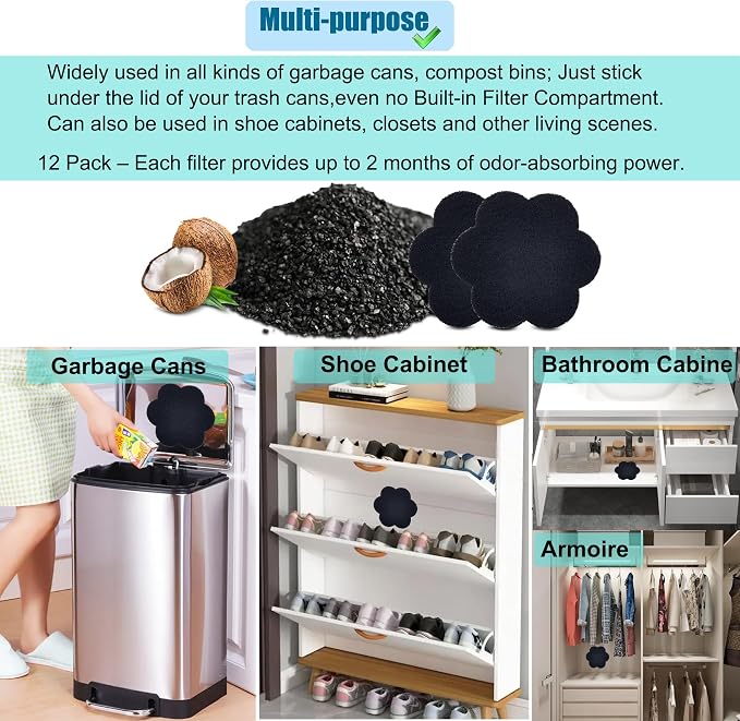 12 Pack Universal Stick-on Trash Can Odor Absorbing Filters Refills | Activated Charcoal Deodorizer for Trash Cans, Compost Buckets, Countertop and Recycle Bin (Flower), Long-Lasting Odor Control